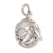 Rhodium Plated 925 Sterling Silver Pave Natural Shell Oval Pendants, Rabbit Charms with 925 Stamp, Real Platinum Plated, 29mm, Hole: 5mm(STER-C009-02P)