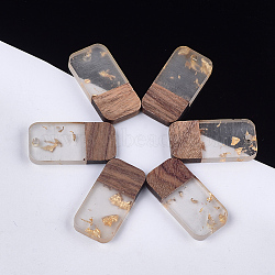 Resin & Walnut Wood Pendants, with Gold Foil, Rectangle, Clear, 26.5x13x3~4mm, Hole: 1.8mm(RESI-S358-92A)