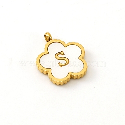 Golden Tone Stainless Steel Pave White Shell Letter Flower Charms, Letter S, 13mm(PW-WGC5230-19)