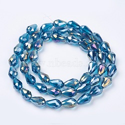 Electroplate Glass Beads Strands, AB Color Plated, Faceted Teardrop, Deep Sky Blue, 15x10mm, Hole: 1mm, 50pcs/strand, 27.1 inch(X-EGLA-D015-15x10mm-31)