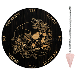 AHADEMAKER 1Pc Wood Pendulum Board, 1Pc 304 Stainless Steel Cable Chain Necklaces, 1Pc Natural Rose Quartz Stone Pendants, for Witchcraft Wiccan Altar Supplies, Skull Pattern, Board: 200x4mm(DIY-GA0005-15B)