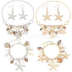 Elite Natural Shell & Starfish Beach Jewelry Set, 2Pcs Bib Necklaces & 2 Pairs Dangle Earrings & 2Pcs Charm Bracelets, Iron & Brass Trendy Jewelry, Platinum & Golden, 18.9 inch(48.2cm), 51mm, Pin: 0.6mm, 7-3/8 inch(187mm)(SJEW-PH0001-14)