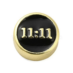 Rack Plating Brass Enamel Beads, Long-Lasting Plated, Cadmium Free & Lead Free, Real 18K Gold Plated, Flat Round with Number 11:11, Black, 10x4.5mm, Hole: 1.8mm(KK-Q784-37G-01)