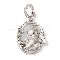 Rhodium Plated 925 Sterling Silver Pave Natural Shell Oval Pendants, Rabbit Charms with 925 Stamp, Real Platinum Plated, 29mm, Hole: 5mm(STER-C009-02P)