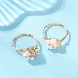 Shell Pearl Bead Finger Rings, Copper Wire Wrap Jewelry for Women, Light Gold, 7.5~9mm, Inner Diameter: 19mm(RJEW-JR00988)