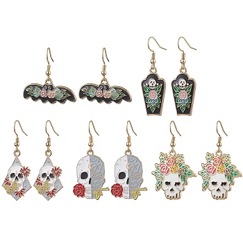 Halloween Theme Alloy Enamel Dangle Earrings for Women, Mixed Shapes, Mixed Color, 32~46.5x15~32mm