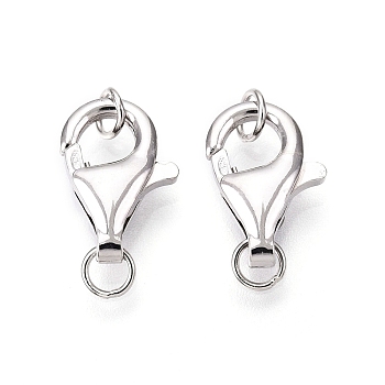 Anti-Tarnish 925 Sterling Silver Lobster Claw Clasps, with Double Jump Rings, Platinum, 13x8.5x3.5mm, Hole: 2.7mm