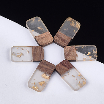 Resin & Walnut Wood Pendants, with Gold Foil, Rectangle, Clear, 26.5x13x3~4mm, Hole: 1.8mm