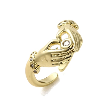 Open Brass with Cubic Zirconia Rings, Hand, Real 18K Gold Plated, Inner Diameter: US Size 7 1/4(17.5mm)
