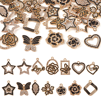 28Pcs 14 Styles Alloy Enamel Pendants, with Crystal Rhinestone, Rhombus & Star & Leaf & Butterfly & Heart Charms, Light Gold, Black, 17~26x11.5~21x1.5~6mm, Hole: 1.8~2.5mm,  2Pcs/style