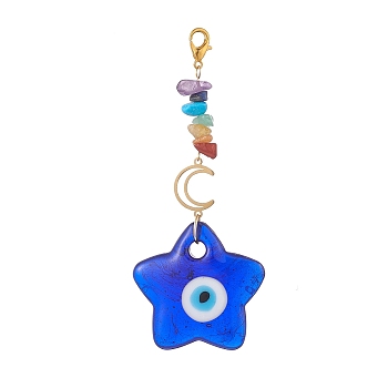 Evil Eye Lampwork Pandant Decorations, with Alloy Rhinestone Links and Stainless Steel Lobster Claw Clasps, Gemstone Chip Bead, Star, 108mm
