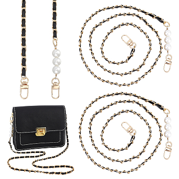 PU Leather Bag Straps, with  Aluminum Chain and ABS Imitation Pearls, Alloy Swivel Clasps, Black, 116x0.8x0.4cm