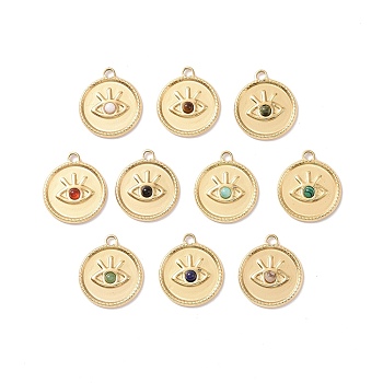 Natural & Synthetic Gemstone, Mixed Gemstone Pendants, with Ion Plating(IP) Real 18K Gold Plated 304 Stainless Steel Findings, Flat Round Charm with Eyes, 21x18.5x3mm, Hole: 2.5mm