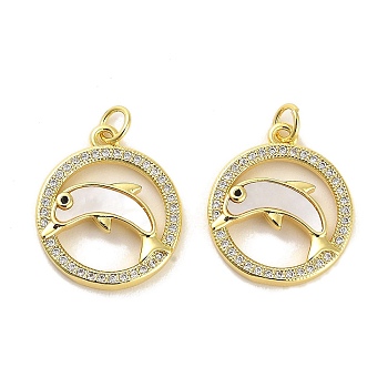 Brass Micro Pave Clear Cubic Zirconia Pendants, with Shell, Jump Rings, Real 18K Gold Plated, Dolphin, 21x18x3mm, Hole: 3.5mm