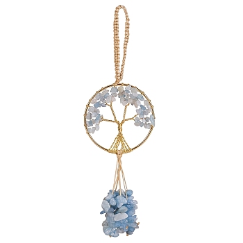 Wire Wrapped Chips Natural Aquamarine Big Pendant Decorations, with Brass Wires and Nylon Cord, Flat Round with Tree of Life, 170mm