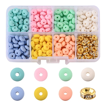 DIY Disc Beads Jewelry Making Kit, Including 350Pcs Flat Round Handmade Polymer Clay Beads, 100Pcs Brass Rhinestone Beads, Mixed Color, 450pcs/box