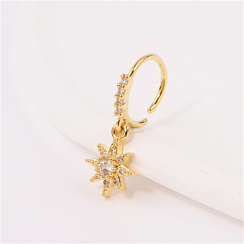 Brass Micro Pave Clear Cubic Zirconia Dangle Hoop Nose Rings, Golden, Star, 10mm
