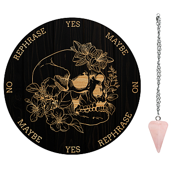AHADEMAKER 1Pc Wood Pendulum Board, 1Pc 304 Stainless Steel Cable Chain Necklaces, 1Pc Natural Rose Quartz Stone Pendants, for Witchcraft Wiccan Altar Supplies, Skull Pattern, Board: 200x4mm