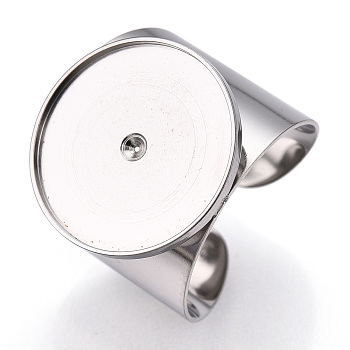 304 Stainless Steel Open Cuff Finger Ring Cabochon Settings, Flat Round, Stainless Steel Color, US Size 8(18.1mm), Tray Diameter: 18mm, inner diameter: 17mm