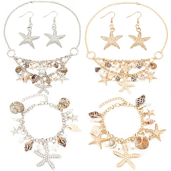 Elite Natural Shell & Starfish Beach Jewelry Set, 2Pcs Bib Necklaces & 2 Pairs Dangle Earrings & 2Pcs Charm Bracelets, Iron & Brass Trendy Jewelry, Platinum & Golden, 18.9 inch(48.2cm), 51mm, Pin: 0.6mm, 7-3/8 inch(187mm)