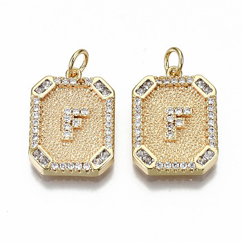 Brass Micro Pave Clear Cubic Zirconia Pendants, Nickel Free, Real 18K Gold Plated, Rounded Rectangle with Word, Letter.F, 19x14x2.5mm, Jump Ring: 5x0.7mm, 3mm inner diameter