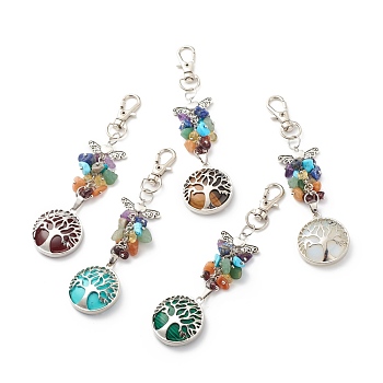 Gemstone Chips Angel Pendant Decorations, Tree of Life Alloy Lobster Clasp Charms, Clip-on Charms, for Keychain, Purse, Backpack Ornament, 110mm