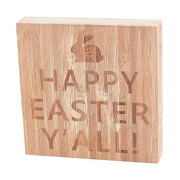 CREATCABIN Natural Wood Display Decorations, Square with Word Happy Easter Y'All, BurlyWood, 101.5x101.5x19mm