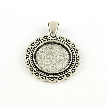 Flat Round Tibetan Style Alloy Pendant Cabochon Settings, Lead Free, Antique Silver, Tray: 20mm, 40x31x2.5mm, Hole: 4x6mm, about 160pcs/1000g