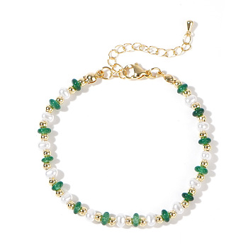 Glass and Plastic Imitation Pearl Beaded Bracelets for Women, with Brass Beads, Green, 6-1/2~6-3/4 inch(16.5~17cm)