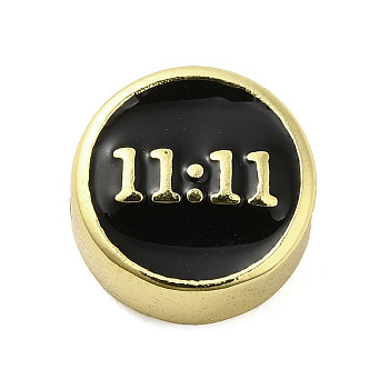 Rack Plating Brass Enamel Beads, Long-Lasting Plated, Cadmium Free & Lead Free, Real 18K Gold Plated, Flat Round with Number 11:11, Black, 10x4.5mm, Hole: 1.8mm