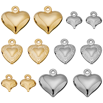 120Pcs 6 Style Stainless Steel Heart Charms, Golden & Stainless Steel Color, 8.5~13x6~11.5x3~4.8mm, Hole: 1~1.2mm, 20pcs/style