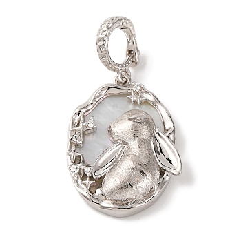 Rhodium Plated 925 Sterling Silver Pave Natural Shell Oval Pendants, Rabbit Charms with 925 Stamp, Real Platinum Plated, 29mm, Hole: 5mm