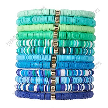 12Pcs 12 Color Polymer Clay Heishi Surfer Stretch Bracelets Set with Plastic Beaded, Stackable Preppy Bracelets, Mixed Color, Inner Diameter: 2-1/8 inch(5.3cm), 1Pc/color