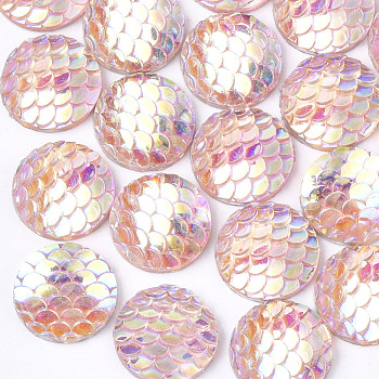 Resin Cabochons, AB-Color, Flat Round with Mermaid Fish Scale, Pink, 12x3mm