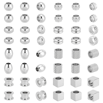 48Pcs 8 Style 304 & 201 & 303 Stainless Steel European Beads, Large Hole Beads, Rondelle & Rondelle & Cube, Stainless Steel Color, 7~10x7~10x4~8mm, Hole: 4~5mm, 6pcs/style