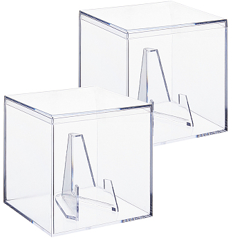Square Plastic Storage Presentation Box, with Triangle Acrylic Coin Display Easel Holder, Small Rack for Coin Collection, Clear, Square: 8.5x8.5x8.2cm, Triangle: 5.6x4.2x5.4cm