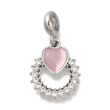 Rack Plating Alloy Crystal Rhinestone European Dangle Charms, Ring & Heart Large Hole Charms with Cat Eye, Platinum, Pink, 30mm, Hole: 4.5mm