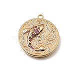 Brass Micro Pave Purple Cubic Zirconia Pendants, Flat Round with Koi Fish Charms, Real 18K Gold Plated, 21x19x4mm, Hole: 1.3mm(CU-CBA7960-04G)