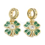 Saint Patrick's Day Brass Pave Clear Cubic Zirconia European Dangle Charms, with Green Enamel, Clover Large Hole Pendants, Long-Lasting Plated, Rack Plating, Lead Free & Cadmium Free, Real 18K Gold Plated, 20.5mm, Hole: 4.5mm(KK-F933-01G)