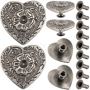 20 Sets Zinc Alloy Coin Collision Rivets, DIY Leather Craft Nail, Heart with Flower, Antique Silver, 19.5x20x5mm, Hole: 2.5mm, Fit for 4mm Rhinestone(FIND-CP0001-88)