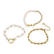 Beaded Bracelets & Link Bracelets & Chain Bracelets Sets, with Natural Pearl Beads, Brass Beads & Heart Locking Carabiner, 304 Stainless Steel Lobster Claw Clasps & Coffee Bean Chains, Golden, Inner Diameter: 2-1/4 inch(5.6cm), 6-7/8 inch(17.5cm), 7-1/4 inch(18.5cm), 3pcs/set(BJEW-JB05509)