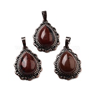 Natural Mahogany Obsidian Teardrop Pendants, Red Copper Tone Brass Charms, 28.5x20.5x7mm, Hole: 8x5mm(G-K363-01R-20)