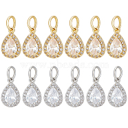 12Pcs 2 Colors Rack Plating Brass Micro Pave Clear Cubic Zirconia Charms, with Jump Ring, Long-Lasting Plated, Teardrop Charm, Mixed Color, 12.5x8x4mm, Hole: 4mm(KK-BC0013-62)