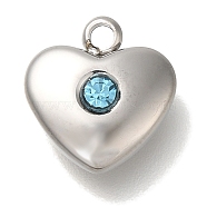 304 Stainless Steel Aquamarine Rhinestone Pendants, Heart, Stainless Steel Color, 11x10.5x4mm, Hole: 1.6mm(STAS-P371-056P)