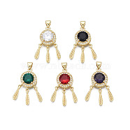 Brass Micro Pave Clear Cubic Zirconia Pendants, with Glass and Brass Snap on Bails, Nickel Free, Real 18K Gold Plated, Woven Net/Web with Feather, Mixed Color, 28x12x6mm, Hole: 3x5mm(ZIRC-N039-212)