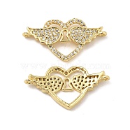 Brass Micro Pave Clear Cubic Zirconia Connector Charms, Heart Links with Wing, Real 18K Gold Plated, 14.3x27.3x3.5mm, Hole: 1.2mm(KK-E068-VB344)