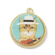 Alloy Pendant, Flat Round with Cat Pattern, Turquoise, 23.5x20.5x3mm, Hole: 1.8mm(FIND-C041-01D-G)