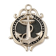Alloy Pendants, with Imitation Leather, Platinum, Flat Round with Anchor, Black, 39.5x31.5x5mm, Hole: 3.5mm(PALLOY-A007-19P-02)
