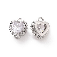 Brass Pendants with Clear Glass, Heart Charms, Platinum, 10x9x5.5mm, Hole: 1mm(KK-E068-VF189)