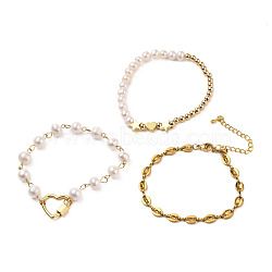 Beaded Bracelets & Link Bracelets & Chain Bracelets Sets, with Natural Pearl Beads, Brass Beads & Heart Locking Carabiner, 304 Stainless Steel Lobster Claw Clasps & Coffee Bean Chains, Golden, Inner Diameter: 2-1/4 inch(5.6cm), 6-7/8 inch(17.5cm), 7-1/4 inch(18.5cm), 3pcs/set(BJEW-JB05509)